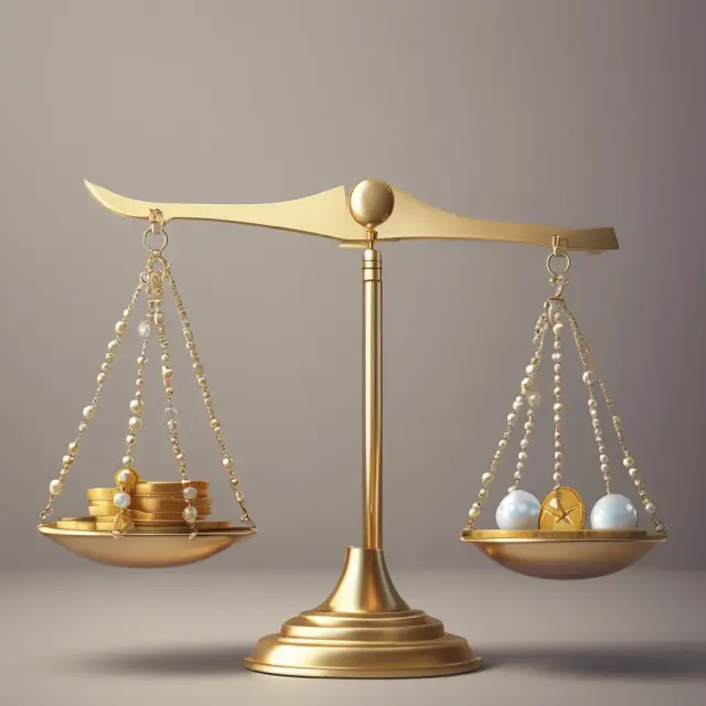 Golden coins representing EBITDA balanced on a scale against interest-bearing pearls, emphasizing financial stability through high EBITDA-to-interest coverage ratios.