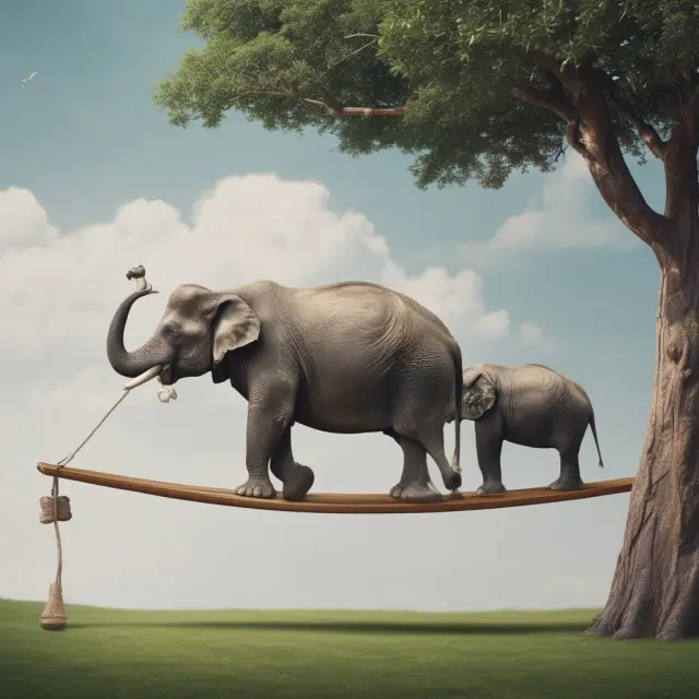 A visualization of EBITDA (elephant) and net income (rhinoceros) balancing on a seesaw, emphasizing their importance in financial analysis.