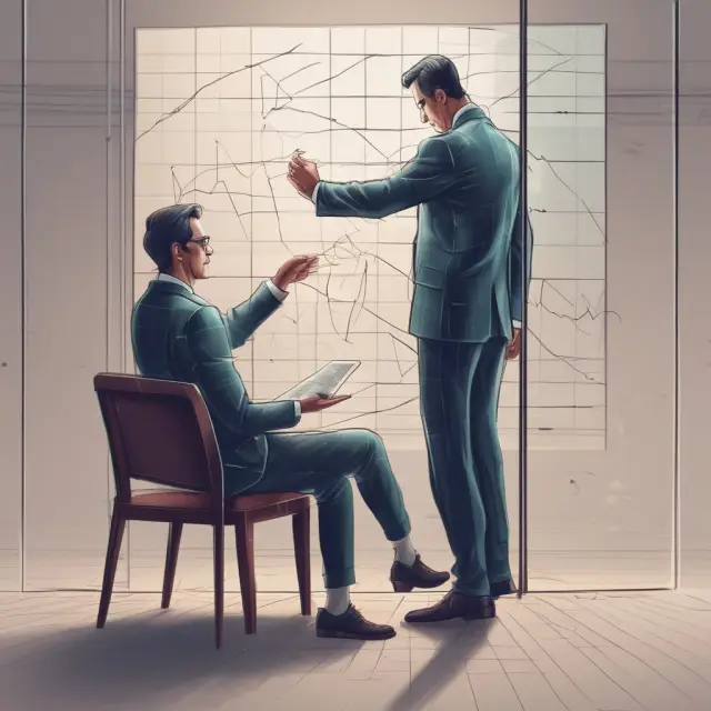 A pensive investor gazes at a mirrored surface displaying financial data, with EBITDA and interest coverage ratio scales tipping in favor of stability.