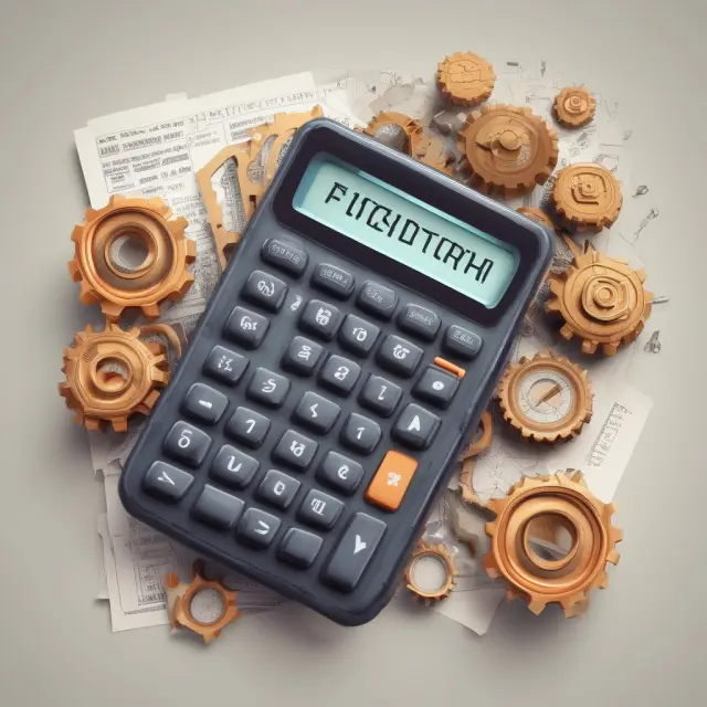 A calculator with gears in motion revealing different parts labeled 