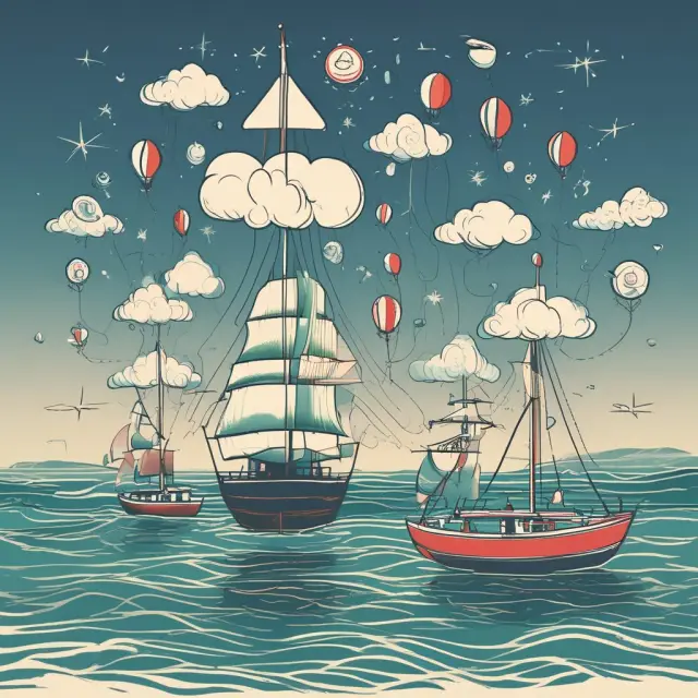 A serene financial ocean with five buoys representing EBITDAR components: Depreciation, Amortization, Interest, Taxes, and Restructuring/Rentals