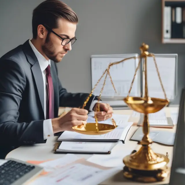 Accountant calculating EBITDAR on a golden balance scale