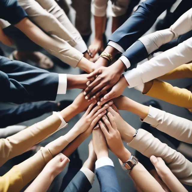 A group of employees form a human chain, exchanging golden handshakes, representing the unity and financial gains in successful employee buyouts