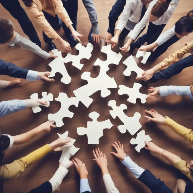 Employees collaborating on a jigsaw puzzle representing their unified decision-making during an employee buyout