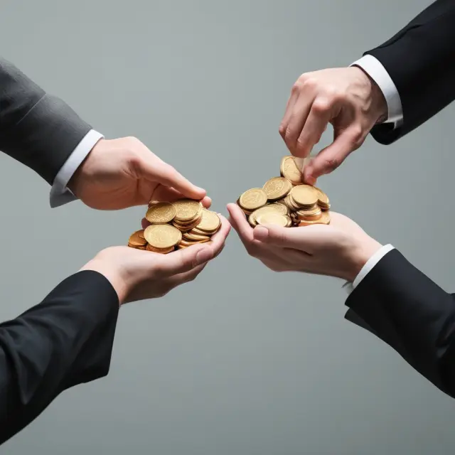 Employees shaking hands with gold coins representing financing alternatives: debt and equity