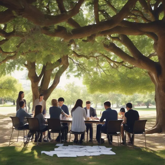 Employees and employer reviewing contracts for an employee buyout, surrounded by legal documents