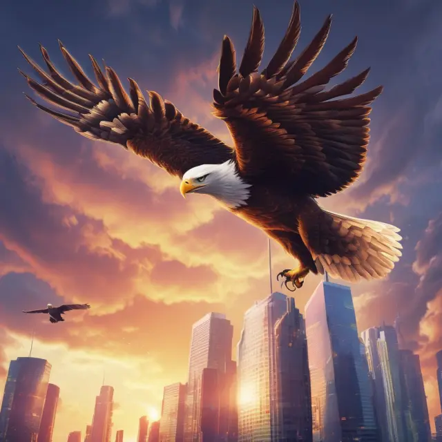 Eagle represents privacy and freedom; decentralized towers symbolize blockchain technology. Eagle carries message of Elixxir, emphasizing communication anonymity.