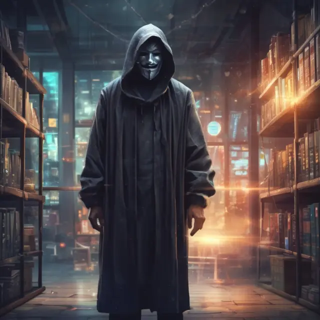 A cloaked figure making a transaction in an electronic communications network (ECN), representing privacy and transparency