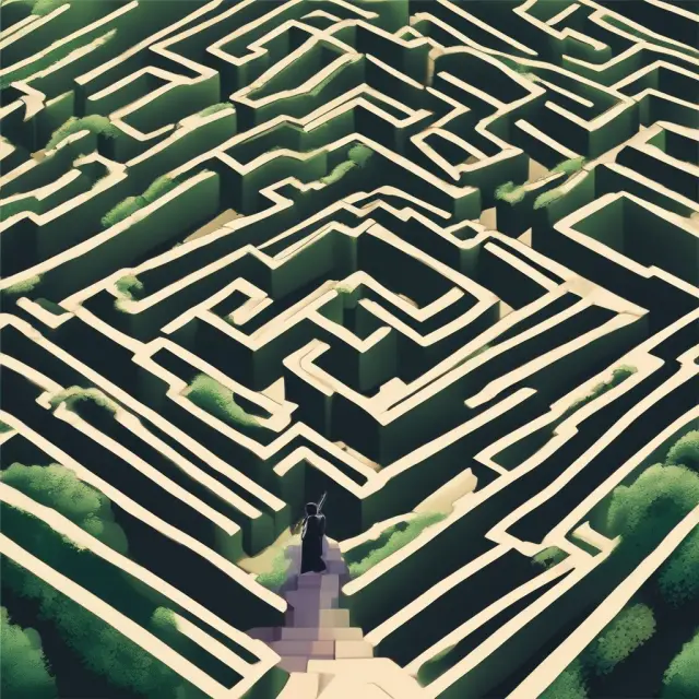 Person navigating a labyrinth filled with ECN broker logos, symbolizing the process of selecting and mastering the right broker platform