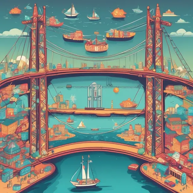 An image of two interconnected digital spheres representing ECN and traditional marketplaces, with a bridge connecting them, symbolizing the investor