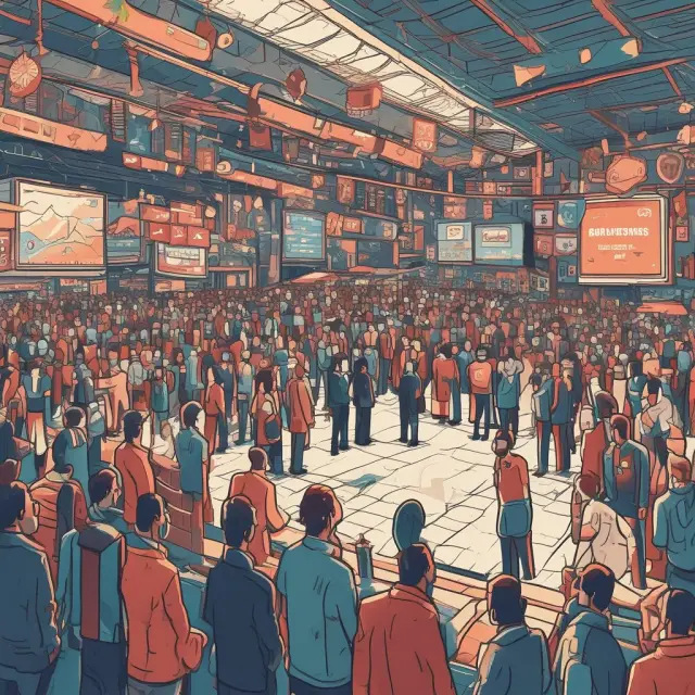 A vibrant image of an electronic communication network as a bustling marketplace, with buyers and sellers connecting through a dynamic web of trading relationships.