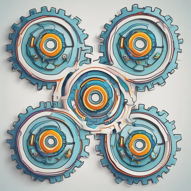 Four interconnected gears representing B2B, B2C, C2C, and C2B ecommerce models in a dynamic digital marketplace