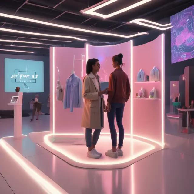 Futuristic ecommerce landscape featuring mobile commerce, AI shopping assistants, AR product try-ons, and voice commands
