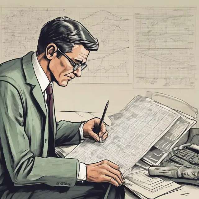 A thoughtful economist analyzes a scatter plot of data points with a magnifying glass, contemplating whether the hypothesis will pass the statistical test