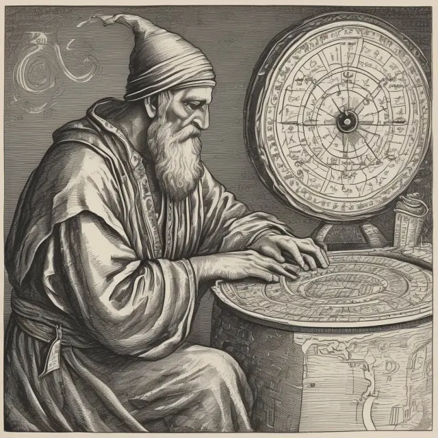 An ancient soothsayer consults a detailed economic calendar, revealing upcoming market trends and forecasted impacts on securities