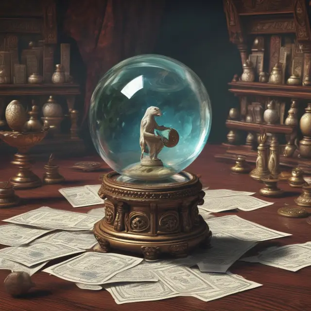 An ancient financial oracle holding a crystal ball filled with swirling economic capital, symbolizing risk management and informed decision making