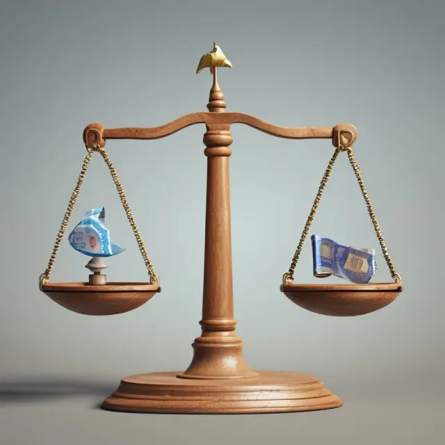 A balanced seesaw with scales representing economic (blue) and regulatory (red) capital in financial regulation