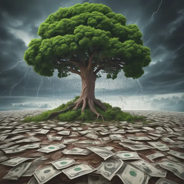 A severe storm uprooting the global economy tree, causing widespread economic instability due to the COVID-19 pandemic