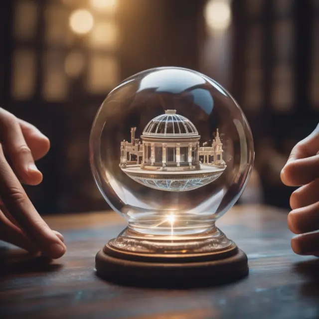 Oracle holding a crystal ball, revealing changing economic indicators