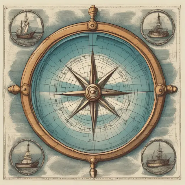 A business person on a ship steering through stormy waters, using an economic chart and compass to make informed decisions