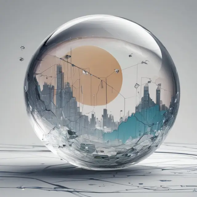 A crystal ball shatters, releasing a river of data that flows into a modern chart representing economic indicators.