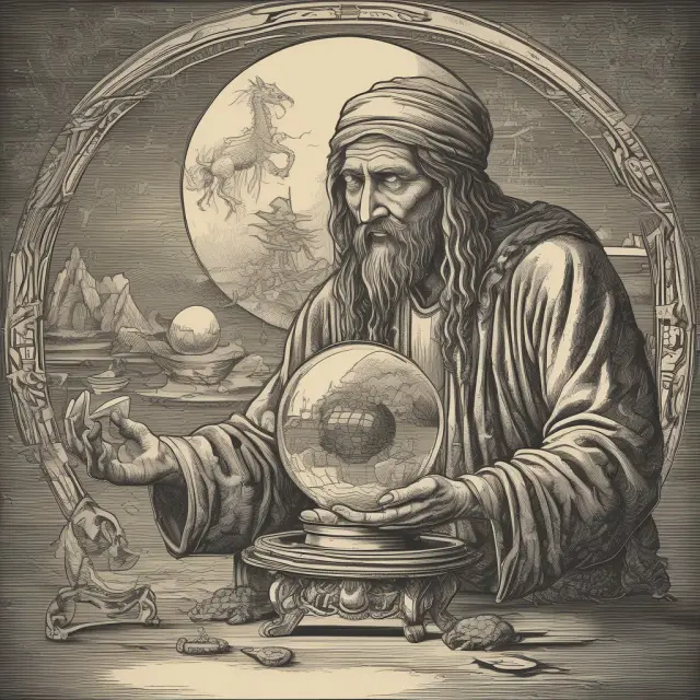 Oracle holding a crystal ball showing economic ups and downs, symbolizing economic cycles