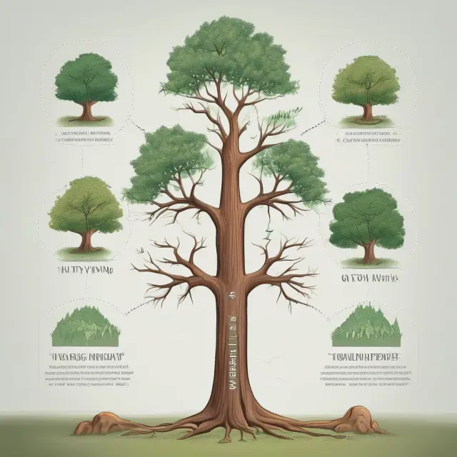 A tree evolving through the economic cycle stages: expansion (growth), peak (maturity), contraction (withering), and trough (renewal).
