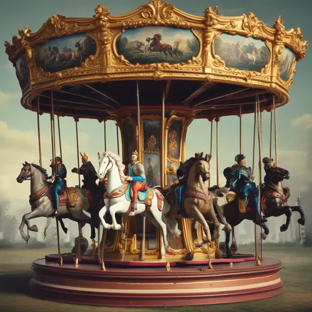 A merry-go-round featuring four horsemen representing Gross Domestic Product (GDP), Consumer Spending, Interest Rates, and Inflation, illustrating their impact on economic cycles