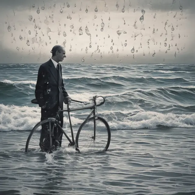 An ocean teeming with waves representing economic cycles. Monetarism depicted as a tidal wave influenced by the money supply, while Keynesianism symbolized as a raindrop driven by investment demand.