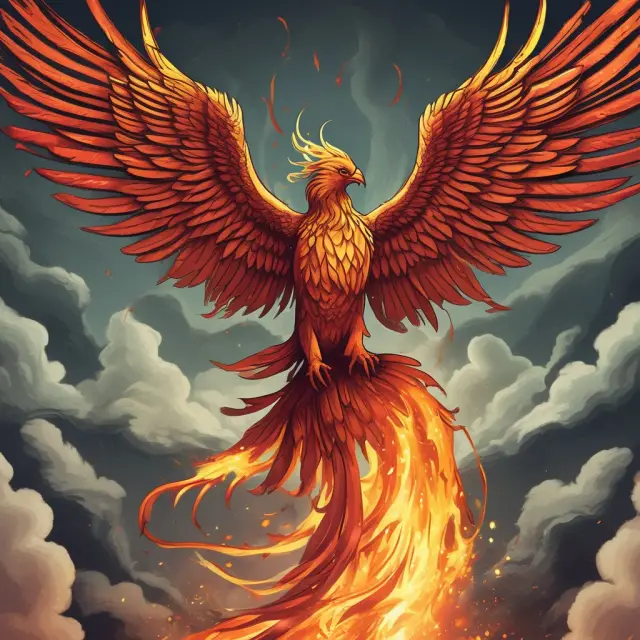 A mythical phoenix rising from flames, symbolizing the economic expansion phase with opportunities in technology, capital goods, and energy sectors