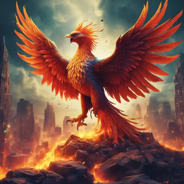 A mythical Phoenix rises amidst the chaos of an oversaturated market, symbolizing businesses adapting and preparing for economic recovery.