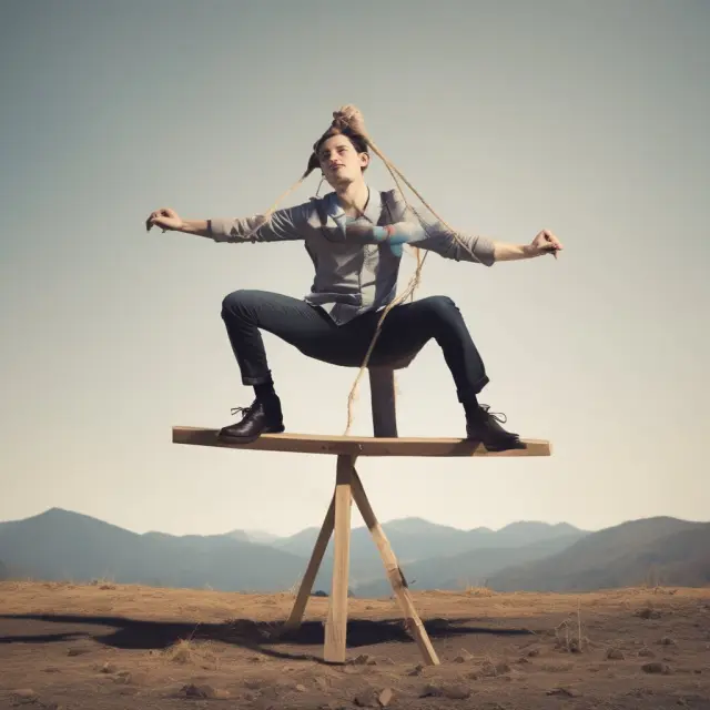 An entrepreneur stands on a seesaw, representing economic equilibrium. Supply and demand forces are balanced as he maintains his position.