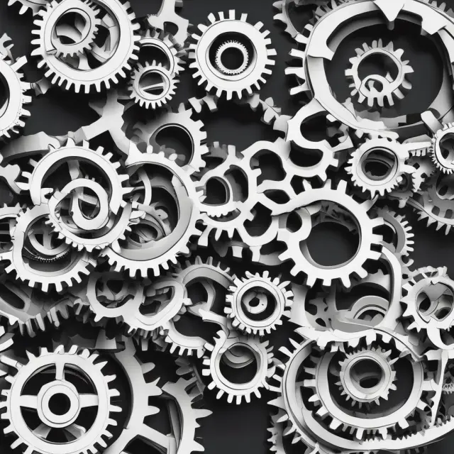 An intricate system of seven gears representing inflation, interest rates, industrial production, consumer confidence, worker productivity, retail sales, and unemployment rates