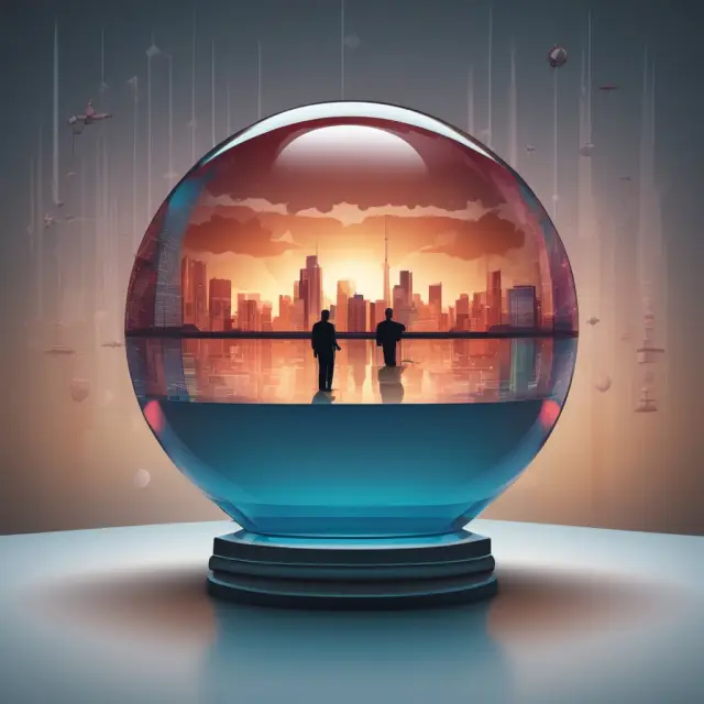An economist holding a crystal ball, with various economic indicators (GDP, trade, inflation rates) flowing around it