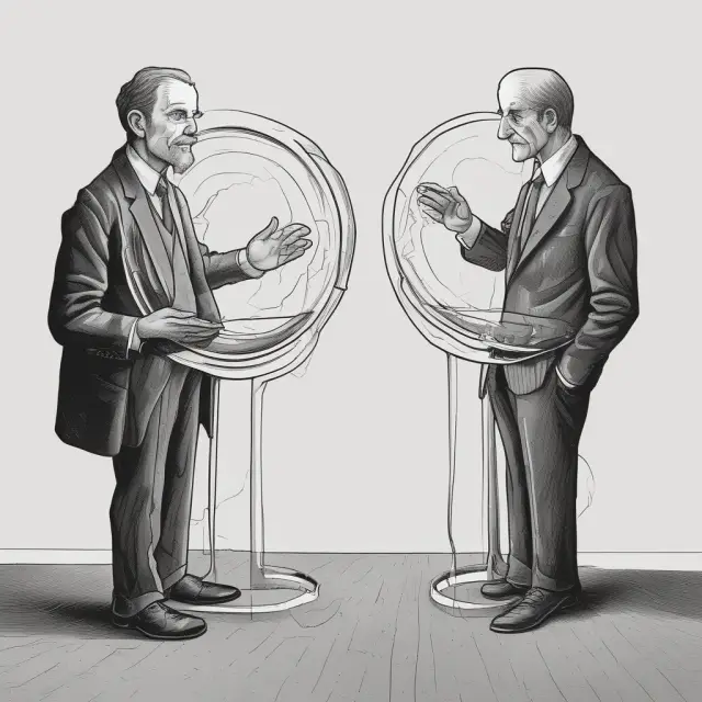 Two economists, each holding crystal balls revealing divergent economic predictions: One influenced by political pressures and another shaped by personal biases.