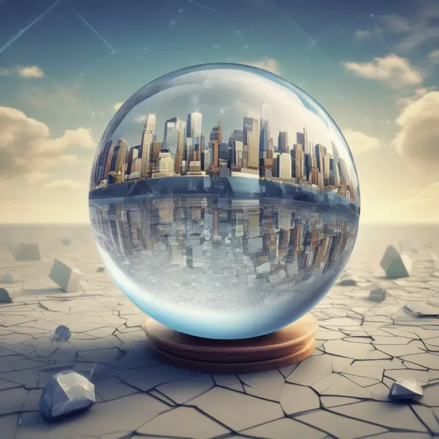 An array of crystal balls with economic graphs, representing various forecasts used by businesses and governments for strategic planning