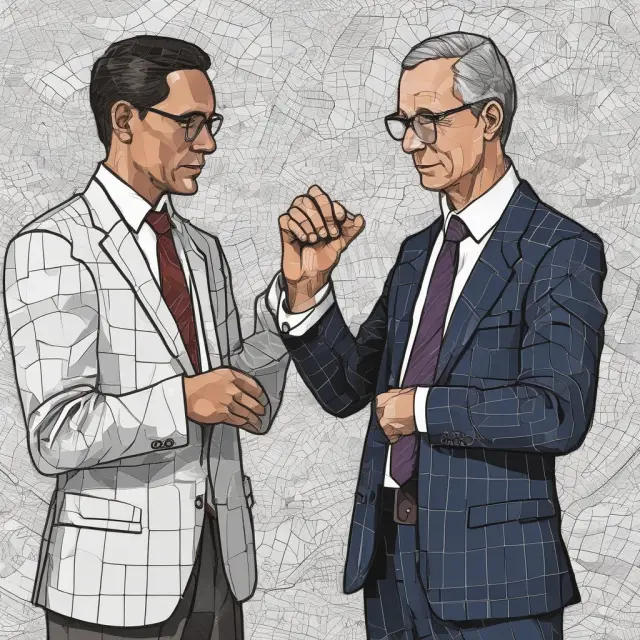 Two economists representing supply-side and demand-side theories collaborate on forecasting, surrounded by a mosaic of economic charts.