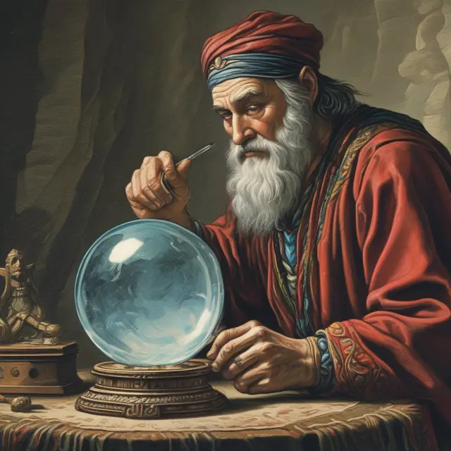 Ancient seer with a crystal ball, symbolizing economic forecasting through history