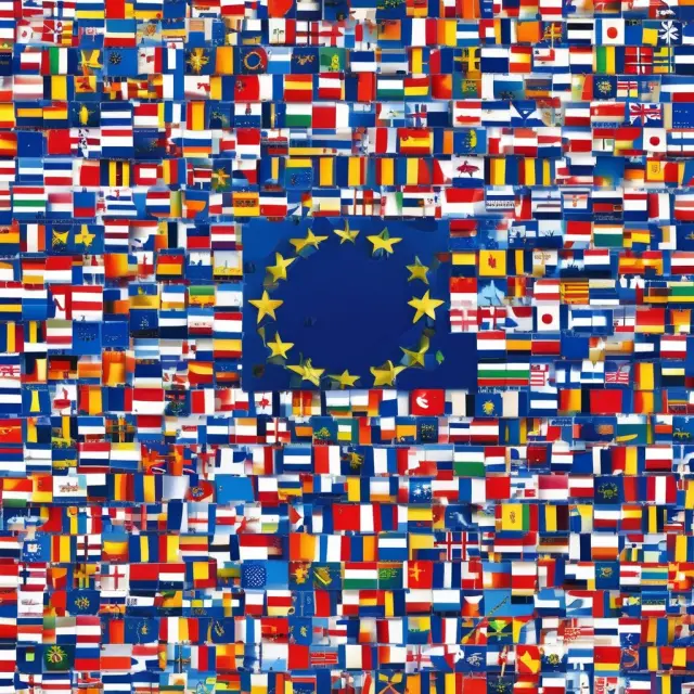 European Union flags arranged in a beautiful mosaic illustrating economic integration.