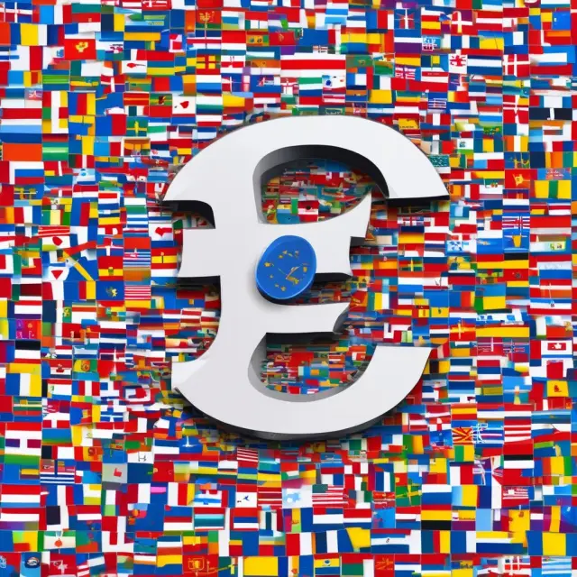 Mosaic of European Union flags creating a euro sign, representing the unification of various nations through economic integration