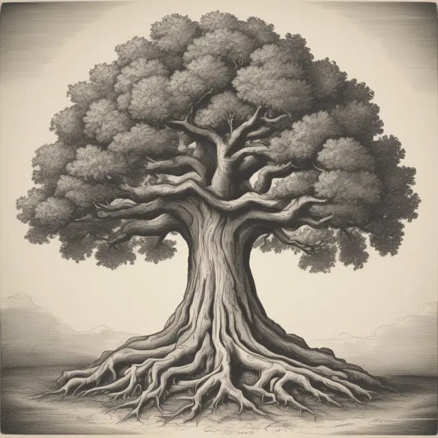 An ancient tree with roots representing historical origins, branches illustrating evolution, and intertwining limbs symbolizing their ongoing relationship: capitalism and economic justice.