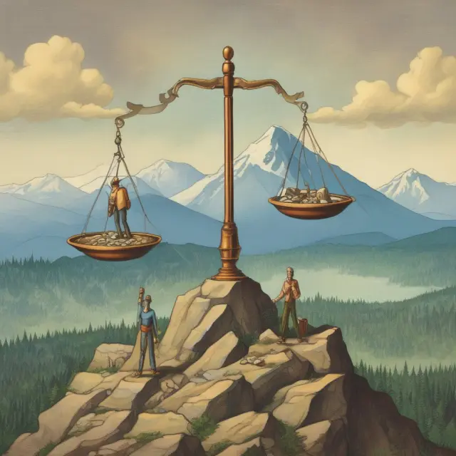 A towering mountain represents progressive tax rates, with wealth flowing downwards to fund essential services and reduce income inequality