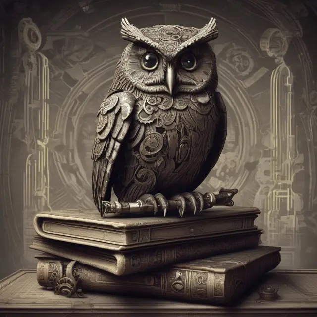 Wise owl on a book, representing business wisdom, with turning gears symbolizing economic life and depreciation calculations.