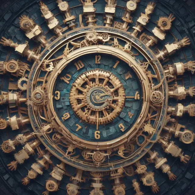 An intricate mosaic of technological gears representing assets with the hands of a clock in motion, illustrating the need for continuous reassessment to maintain their competitiveness.