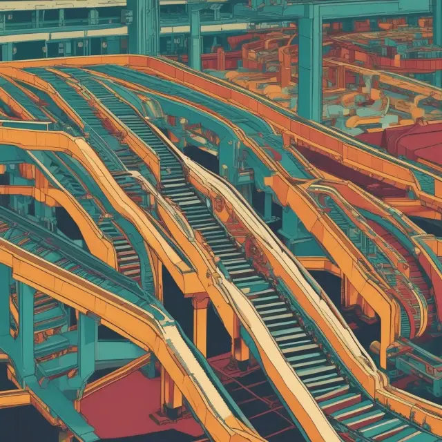 Image of a conveyor belt entwined with assembling machines, emphasizing the importance of interconnected economic lives for optimal production