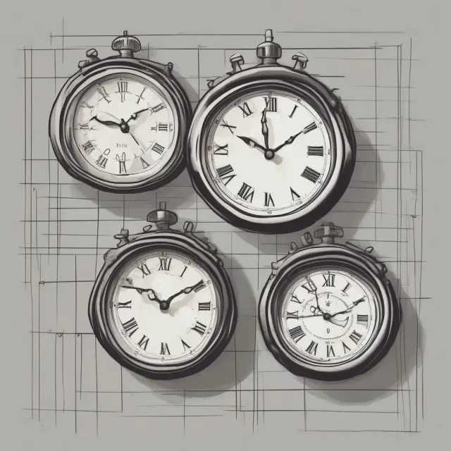 A group of four unique clocks depicting Straight-line, Sum-of-the-Annuities, Declining Balance, and Units-of-Production Depreciation Methods.