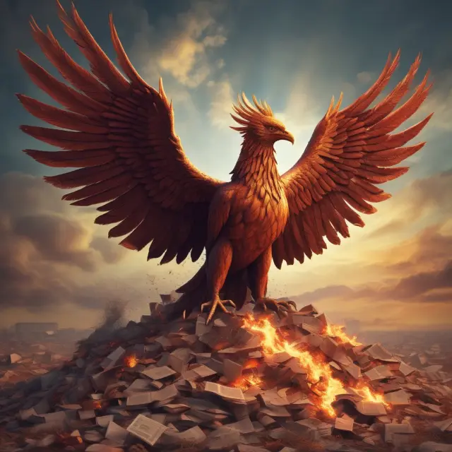 A mythical phoenix arises from the pile of old tax codes, representing ERTA
