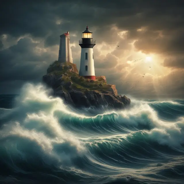 An economic stormy sea with waves representing financial instability caused by crises, revolutions, and global influences, while a lighthouse symbolizes the recovery process