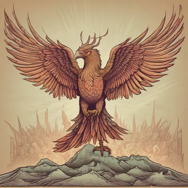 Three mythical birds symbolizing V-, W- and K-shaped economic recoveries, rising from a burning economy with a background of GDP charts