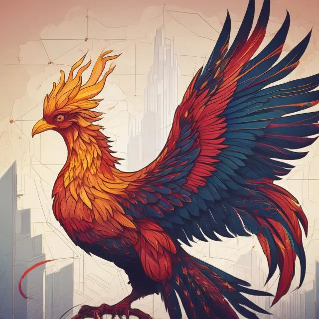 A phoenix signifying economic recovery surrounded by rising stock market charts, retail sales graphs, and new business startups